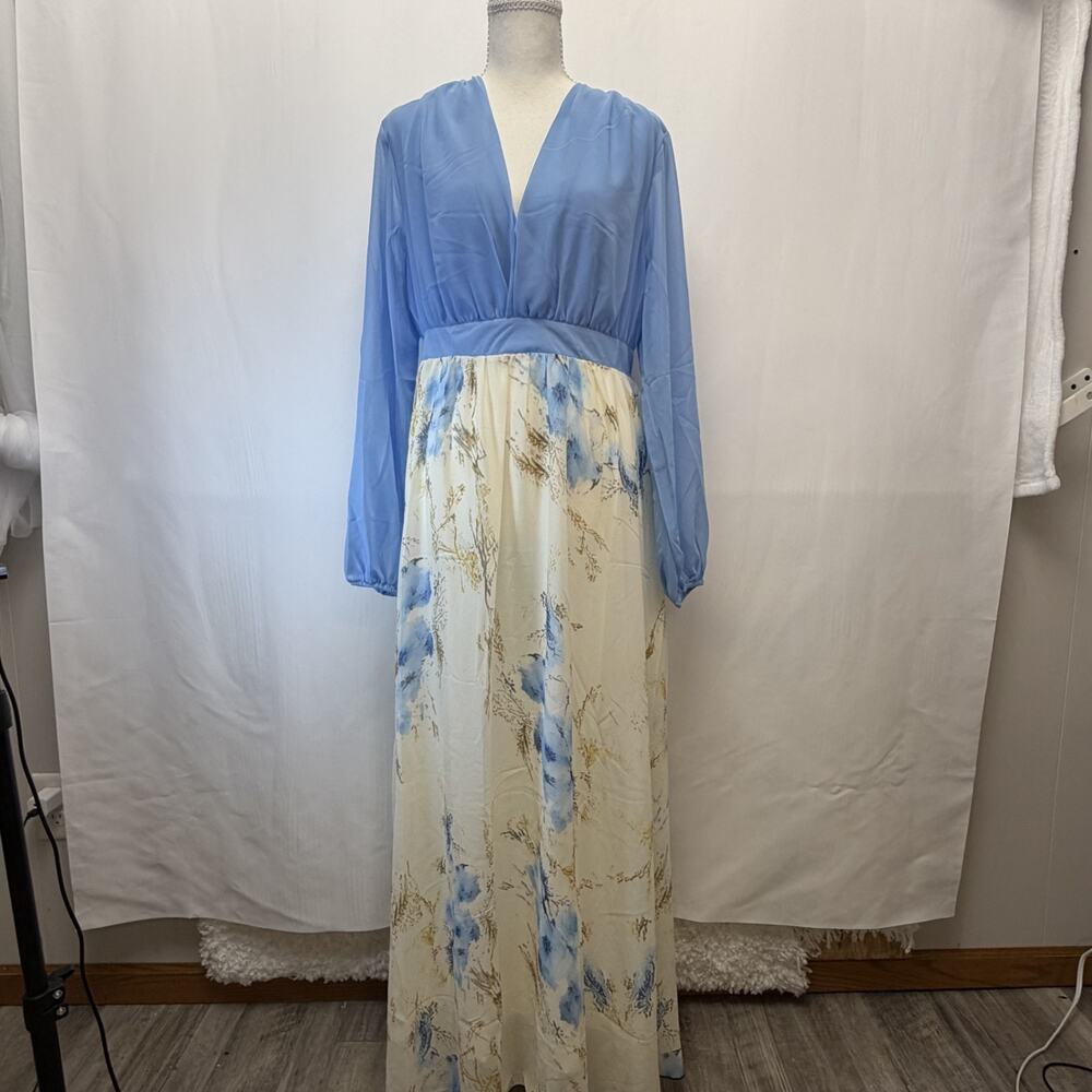 Blue Floral Maxi Long Sleeve V-Neck Zip Sash Solid Regular Size L Dress Pockets